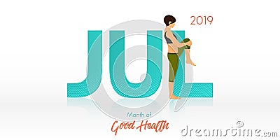 Yoga pose for July banner. Yoga routine header for calendar template. Month of Good Health concept. Vector Illustration. Vector Illustration