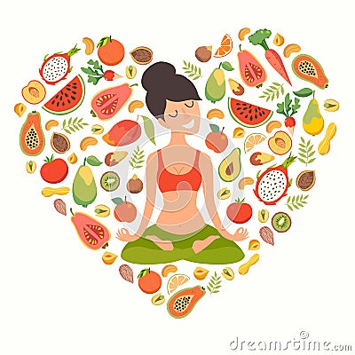 Yoga pose, lotus position. Beautiful girl in the lotus position. Nutrition concept. Healthy natural organic food. Vector Illustration