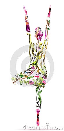 Yoga pose, watercolor bright floral illustration Vector Illustration