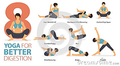 8 Yoga poses or asana posture for workout in Better Digestion concept. Women exercising for body stretching. Fitness infographic. Vector Illustration