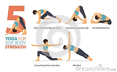 5 Yoga poses or asana posture for workout in side body strength concept. Women exercising for body stretching. Vector Illustration