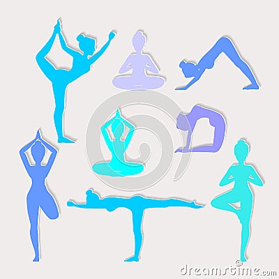 Yoga poses. Asanas. Female silhouette. Vector illustration. Cartoon Illustration