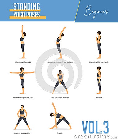 Yoga poses for concept of balancing and standing poses in flat design style. Strong Woman exercising for body stretching. Vector. Vector Illustration