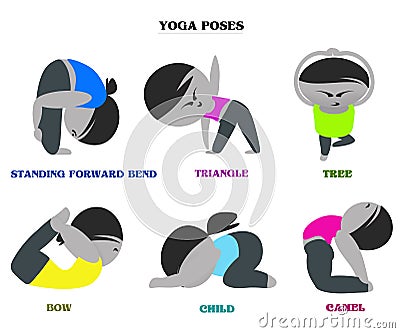 Yoga poses and names cartoon background Stock Photo