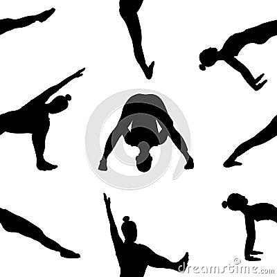 Seamless pattern lady yoga poses in cartoon shadow flat style. Meditation, pilates, mental health Vector Illustration