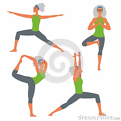 Yoga poses set. The drawn cheerful elderly woman is doing exercises Vector Illustration