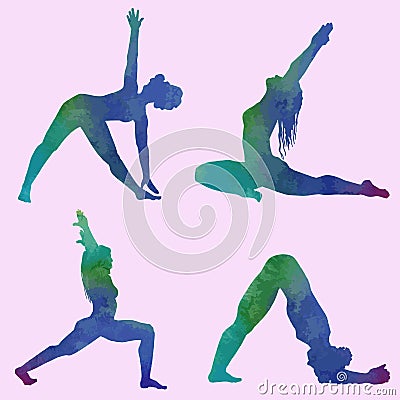 Yoga poses set. Girls in dolphin, warrior and triangle poses doing stratching. Healthy lifestyle concept. Watercolor Vector Illustration