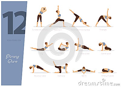 12 Yoga poses for strong core Vector Illustration