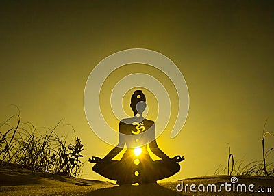 Yoga position silhouette in contrasting sun, Solar Plexus chakra Stock Photo