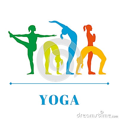 Yoga poster with silhouettes of women in the yoga poses on a white background. Vector Illustration