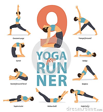 Yoga postures female figures Infographic . 9 Yoga poses for Runners in flat design. Vector Illustration