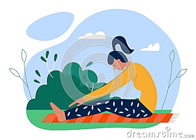 Yoga practice sport activity. Woman practicing yoga asana exercises in summer outdoor park garden Vector Illustration