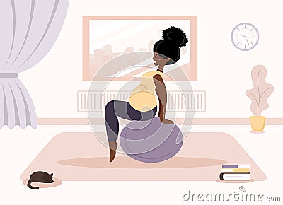 Yoga during pregnancy. African woman doing fitness exercises with fitball. Health care and sport concept. Beauty female Vector Illustration