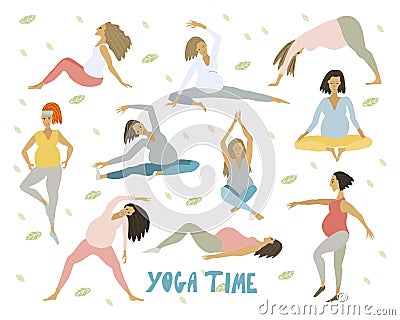 Yoga for pregnant Healthy women with belly doing yoga in different poses set Vector Illustration