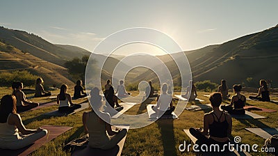 A yoga retreat in a quite countryside ultra realistic illustration - Generative AI. Cartoon Illustration