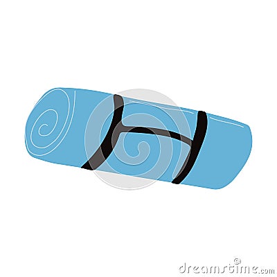 A yoga rolled up blue mat in hand drawn flat style. Vector Illustration
