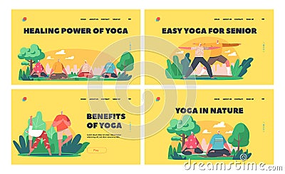 Yoga for Seniors Landing Page Template Set. Characters Meditate in Green City Park. Elderly People Active Healthy Life Vector Illustration