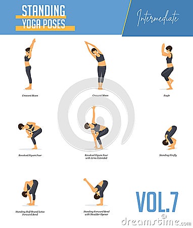 Yoga poses for concept of balancing and standing poses in flat design style. Strong Woman exercising for body stretching. Vector. Vector Illustration