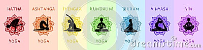 7 Yoga Styles Rainbow Set Vector Illustration