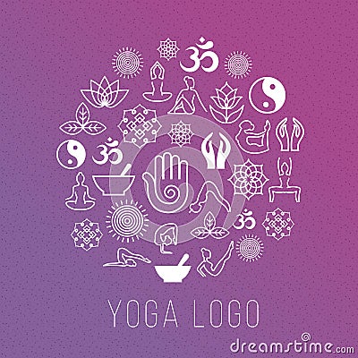 Yoga symbols in round label shape. Vector meditation and spiritual, harmony health concept Vector Illustration