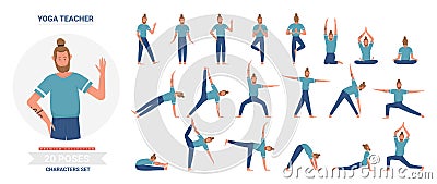 Yoga teacher poses set, cartoon yogist doing asana exercise, meditating, sitting in lotus posture Vector Illustration