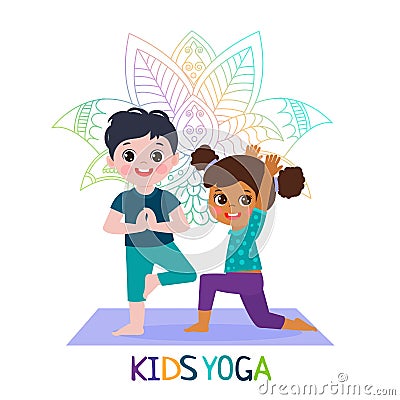 Yoga Time! Kids Yoga Design Concept. Girl and Boy In Yoga Position Vector Illustration. Vector Illustration