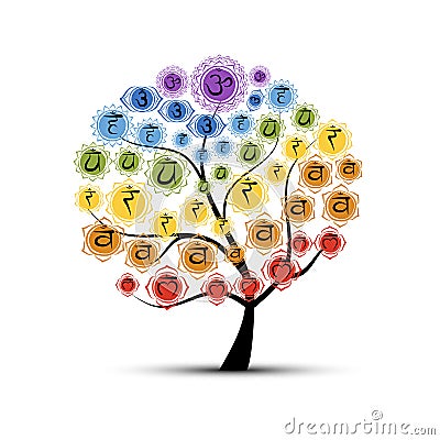 Yoga tree with chakras, sketch foy your design Vector Illustration
