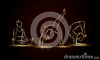 Yoga poses set. Golden linear yoga illustration for sport banner, background and flyer. Vector Illustration