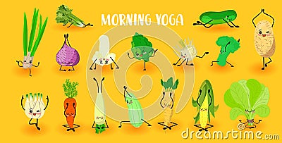 Yoga vegetables. Healthy lifestyle. Sports and vegetarianism. Big collection of vegetables characters Vector Illustration