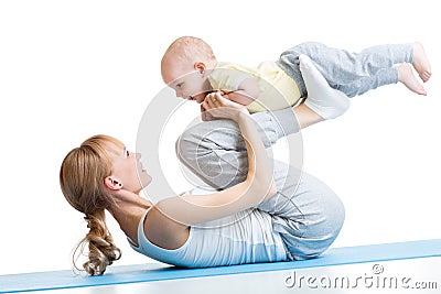 Yoga for woman and baby. Mother with child boy Stock Photo