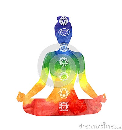 Yoga woman with chakra symbols. Vector Illustration