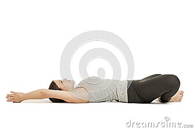 Yoga woman gray_supta baddha konasana_profile Stock Photo