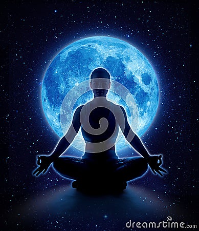 Yoga woman in moon and star. Meditation girl in moonlight Stock Photo