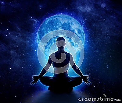 Yoga woman in moon and star. Meditation girl in moonlight Stock Photo