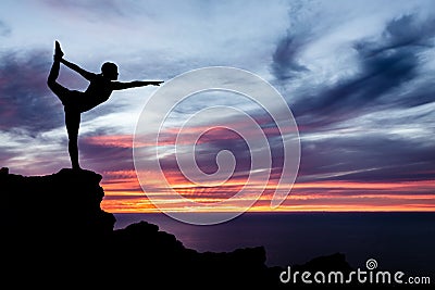 Yoga woman, ocean and sunset Stock Photo