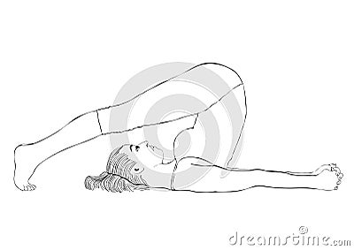 Yoga, woman in a pose halasana, vector coloring drawing portrait. Cartoon girl is engaged in gymnastics. Contour outline black and Vector Illustration