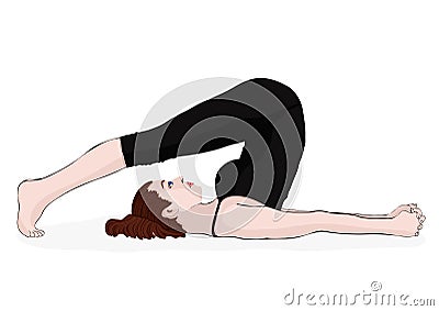 Yoga, woman in a pose halasana, vector multicolored drawing portrait. Cartoon girl is engaged in gymnastics. Isolated on Vector Illustration