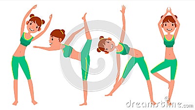 Yoga Woman Poses Set Vector. Girl. Yoga Poses. Doing Yoga Workout. Flat Cartoon Illustration Vector Illustration