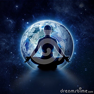 Yoga woman on the world. Meditation girl on planet earth Stock Photo