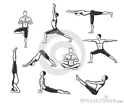 Yoga Workout. Silhouettes of a Man in Tree, Sirsasana, Boat, Warrior one, two, three, downwards and upwards facing dog, lotus Pose Vector Illustration