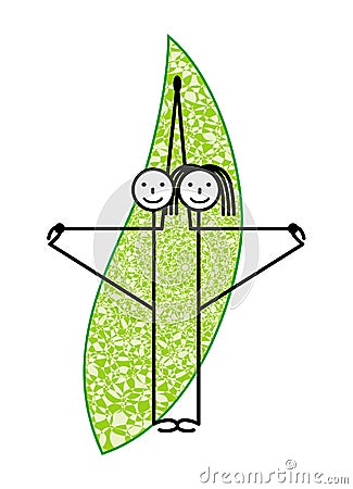 A pair of yoga. Man and woman in yoga asana on an green leaf background. Vector. Vector Illustration