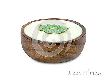 Yoghurt with nata de coco dutche and green tea flavor powder in wooden bowl isolated on white background ,include clipping path Stock Photo