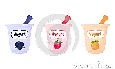 Yoghurts in a cup with a spoon. Blueberry, raspberry, peach, yogurt, dairy product, healthy food. Flat, cartoon style Vector Illustration