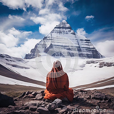 Yogi Baba practising puja in front of Kailash parvat. Poster design for wallpaper.Generative Ai Stock Photo