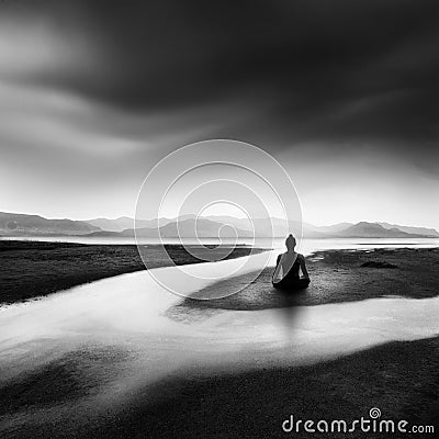 A yogi in the beach of Kolymbithres, Paros Stock Photo