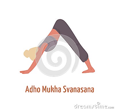 Yogi female in adho mukha svanasana posture vector flat illustration. Woman demonstrating Downward dog pose isolated on Vector Illustration