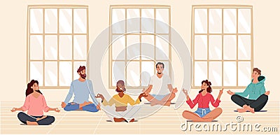 Yogi Men and Women Meditate in Large Hall, Sitting in Lotus Posture. Male and Female Characters in Yoga Sport Class Vector Illustration