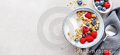 Yogurt with berries and granola in bowl Stock Photo