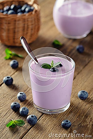 Yogurt with blueberries. Fresh homemade Breakfast Stock Photo