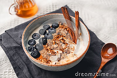 Yogurt Bowl with Cinnamon Granola and Blueberries Stock Photo